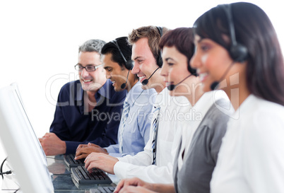 Confident business people using headset