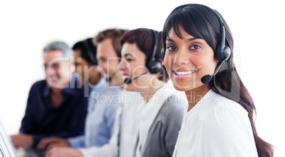 Charismatic customer service representatives with headset on