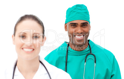 Multi-ethnic doctors standing in a row