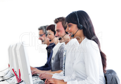 Concentrated customer service representatives with headset on