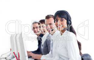 Positive customer service representatives with headset on