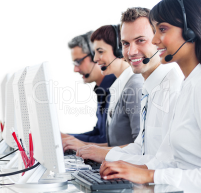 Confident customer service representatives with headset on