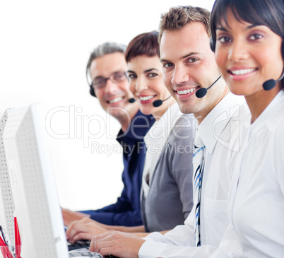 Multi-ethnic customer service representatives with headset on