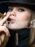 beautiful lady in black and a cigar