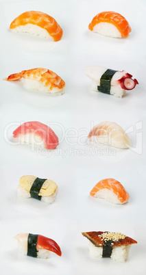 assortment of traditional japanese sushi on white background