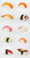 assortment of traditional japanese sushi on white background