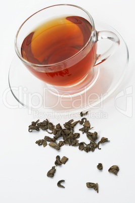 Cup with tea on white background