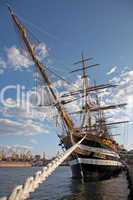 The ancient sailing vessel moored to a mooring