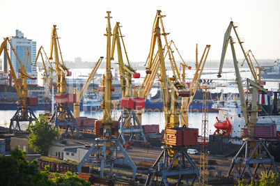 View on the port with loading cargo ship