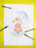 girl with umbrella, kid`s colored pencil drawing