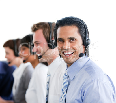 Enthusiastic business people working in a call center