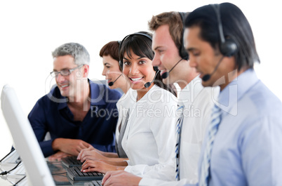 Cheerful business people working in a call center