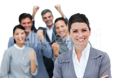 Cheerful business partners punching the air in celebration