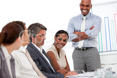 Happy businessman doing a presentation