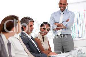 Happy businessman doing a presentation