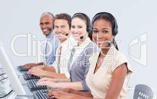 International customer service representatives using headset