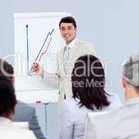 Positive young businessman doing a presentation