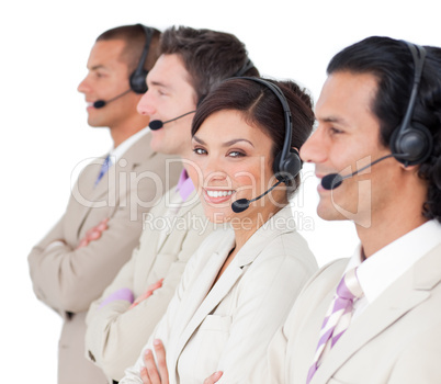 Assertive customer service representatives standing in a row