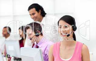 Concentrated business people with headset on