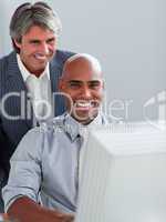 Mature businessman helping his colleague at a computer