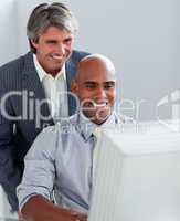 Positive business partners working at a computer together