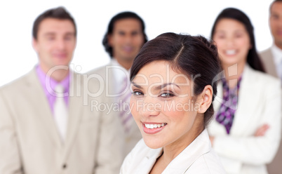 Charming female executive presenting her team