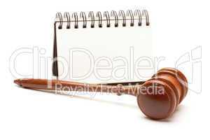 Blank Spiral Note Pad and Gavel on White.
