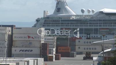 Cruise liner passes container terminal