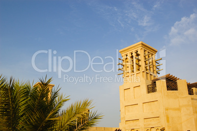 Arabic wind tower during sunset, Dubai, UAE