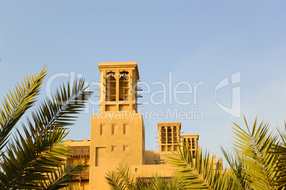 Arabic wind tower during sunset, Dubai, UAE