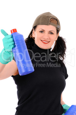 woman with red and blue bottle