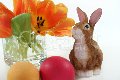 Ostehase mit Ostereiern und Tulpen