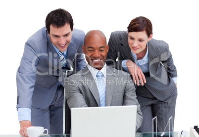 United colleagues looking at a laptop