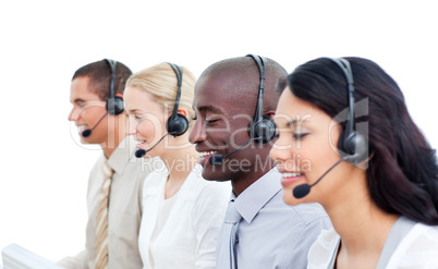 Positive business team working in a call center