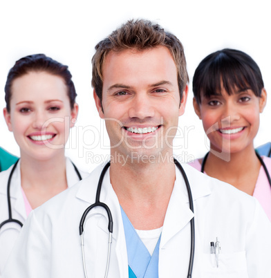 Portrait of a positive medical team against a white background