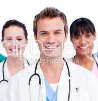 Portrait of a positive medical team against a white background
