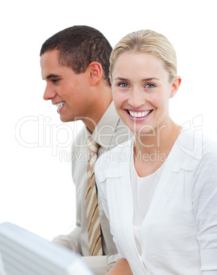 Portrait of a blond business woman and her colleague at work