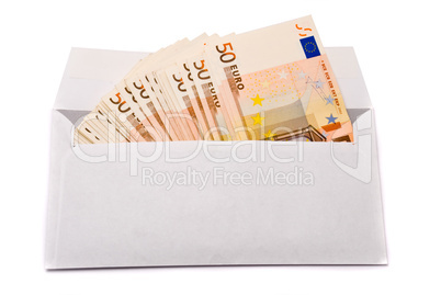 Euro banknotes in envelope isolated on a white background