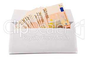 Euro banknotes in envelope isolated on a white background