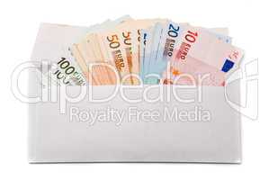Euro banknotes in envelope isolated on a white background