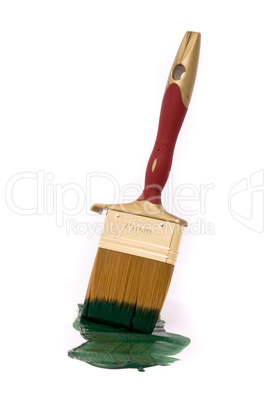 Professional brush with green paint on the white background