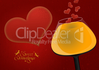 Wineglass and hearts on a red background