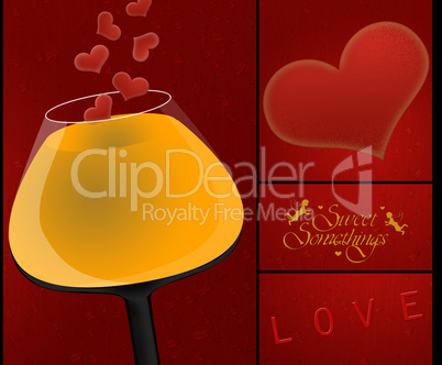 Kollage Wineglass and hearts on a red background