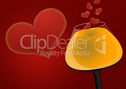 Wineglass and hearts on a red background