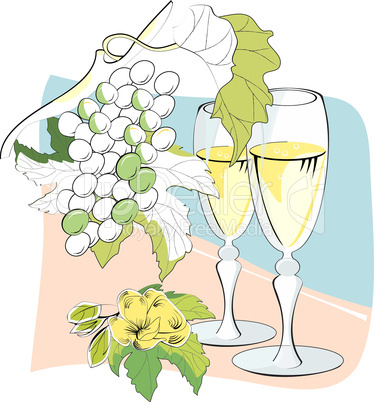 wine glasses and grapes on decorative background