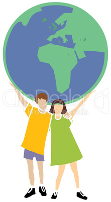 two kids holding the globe, earth