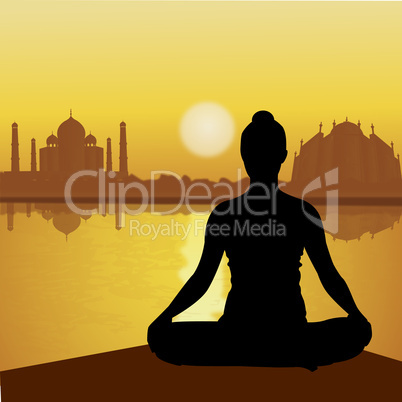 human doing yoga with taj mahal background, lake side