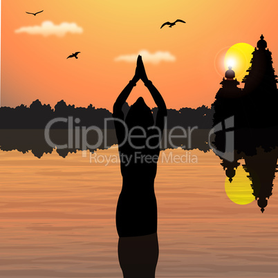 human offering prayers with temple and sunrise background