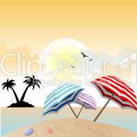 landscape view of beach with shells,umbrella