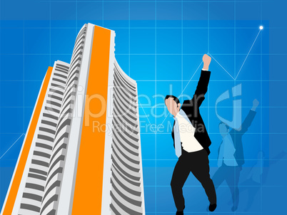 business man expressing victory with stock exchange background